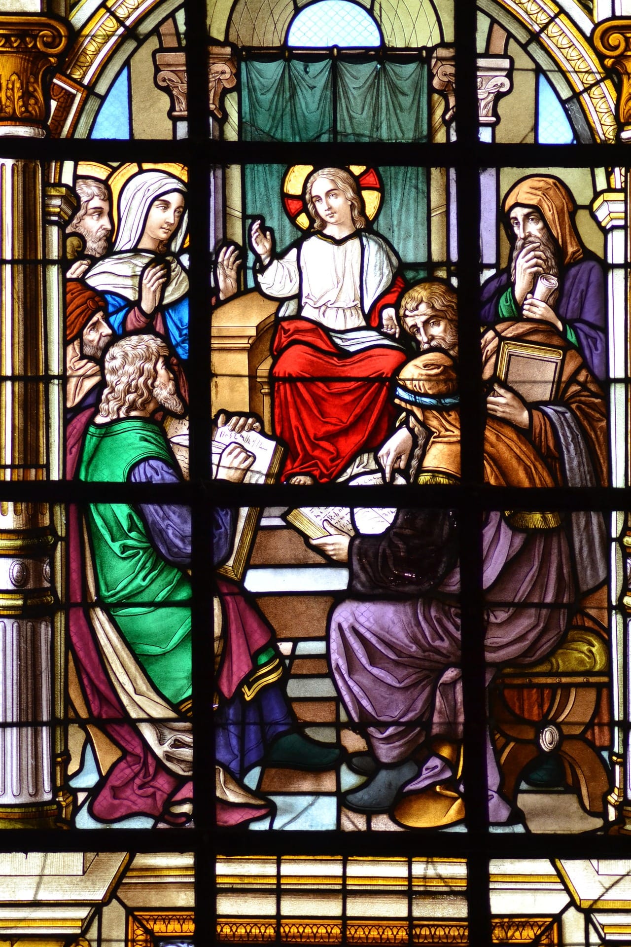 Stained Glass Jesus teaches at the temple child