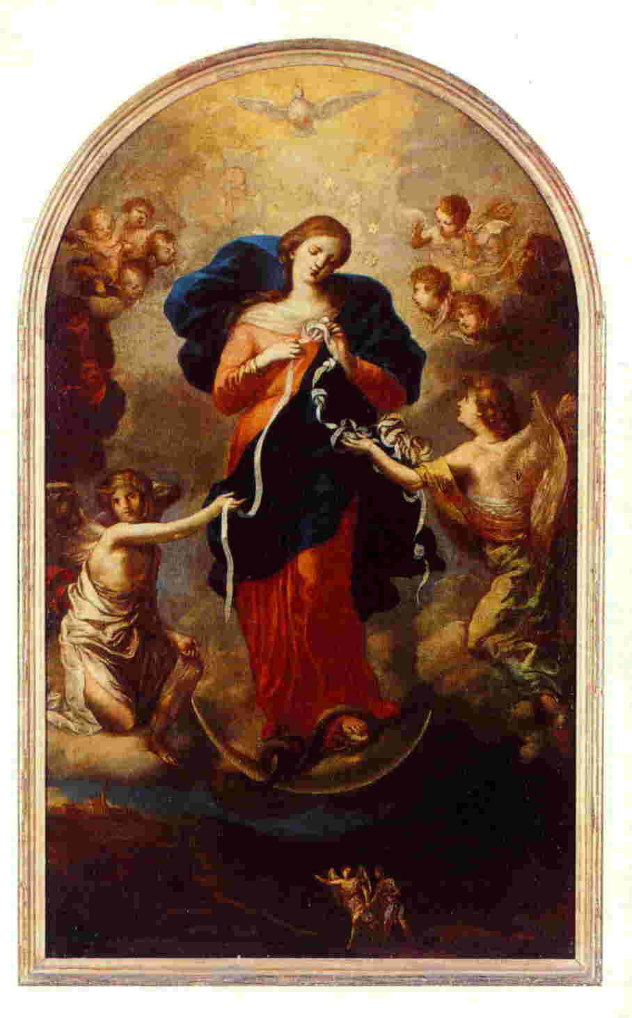 A paint, by Schmidtner showing our Lady Untier of Knots. She is uniting knots in her hands, while angels around her grab the untied line.