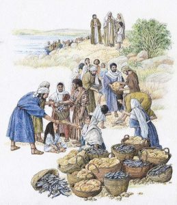 Easter-Y3-259×300 A drawing of multiple man alongside baskets full of bread and fish.