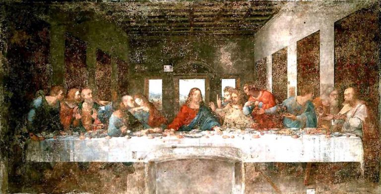 Holy-Week-Y3-768×391 A photo of the famous "Last Supper" by Leonardo da Vinci, displaying Jesus and the apostles sitting along a long table.