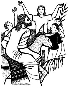 Holy-Week-Y4-247×300 A drawing of Jesus riding a donkey while people hold palm branches.