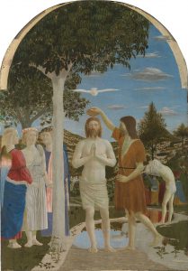 Y3-Creation-Piero_della_Francesca_-_Battesimo_di_Cristo_National_Gallery_London-209×300 A drawing of the Baptism of Christ. Some people are watching from the side while Jesus is in the middle with a dove is flying by the top of His head.