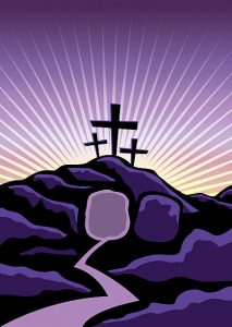 empty-tomb An image showing three crosses on the top of a mountain, while the bottom of the mountain shows an open tomb.